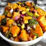 Roasted poblano and sweet potato salad in a bowl.