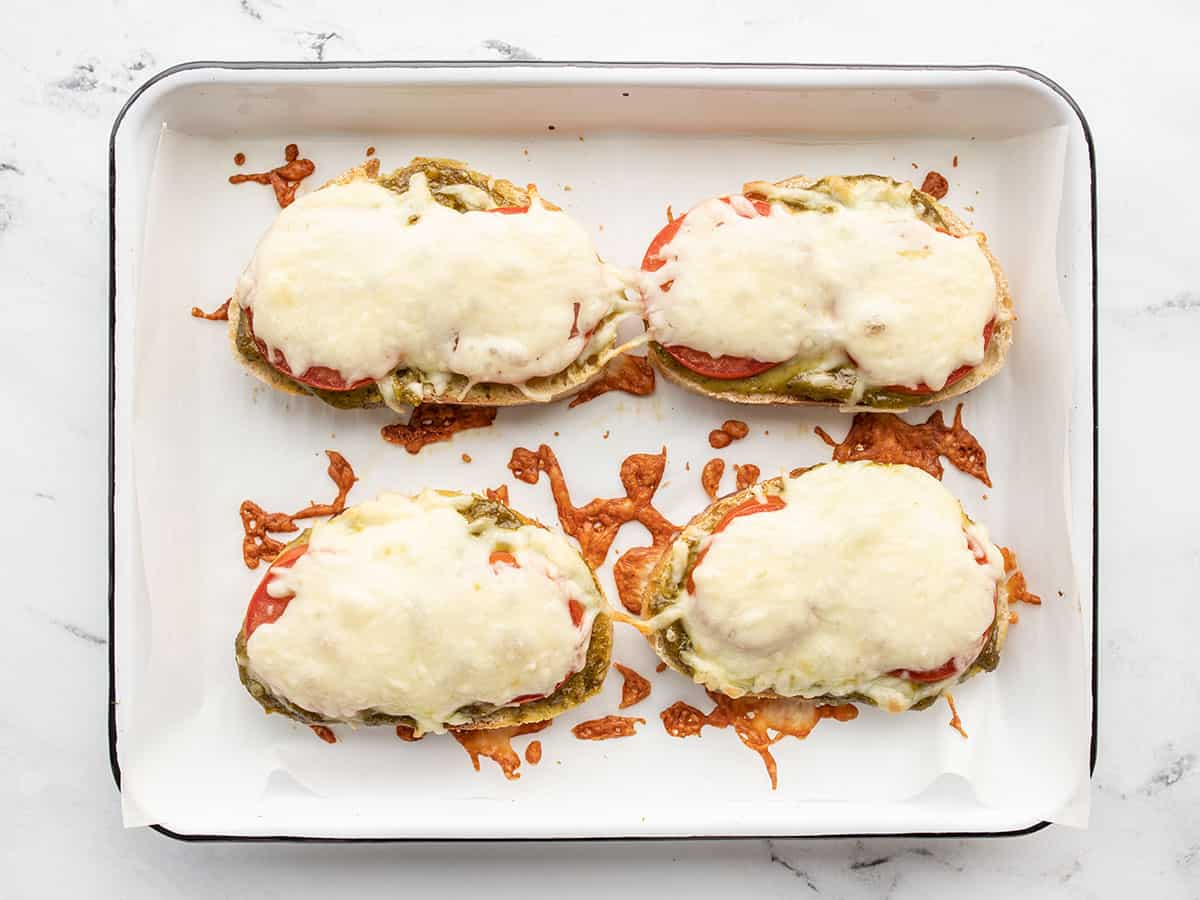 baked pesto cheese toast on the baking sheet