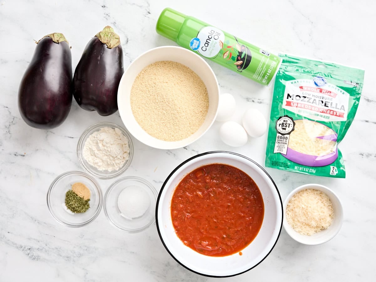 The ingredients for eggplant parmesan.