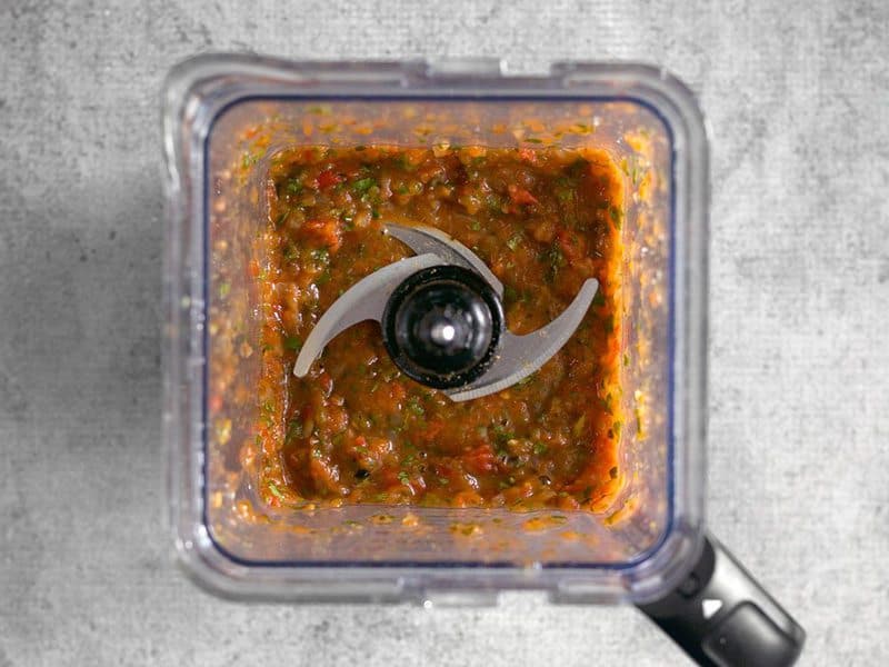 Top view of Blended Salsa in blender