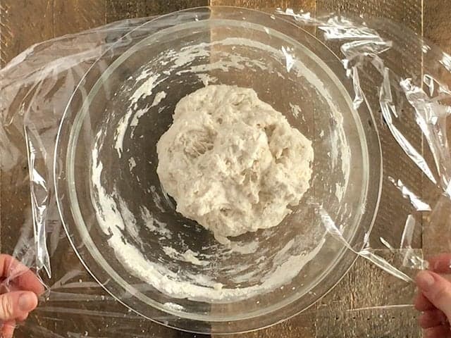 Covered mixing bowl with plastic wrap