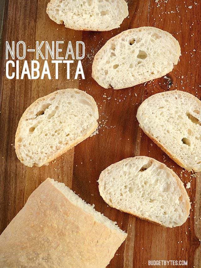 No-Knead Ciabatta on wooden background sliced