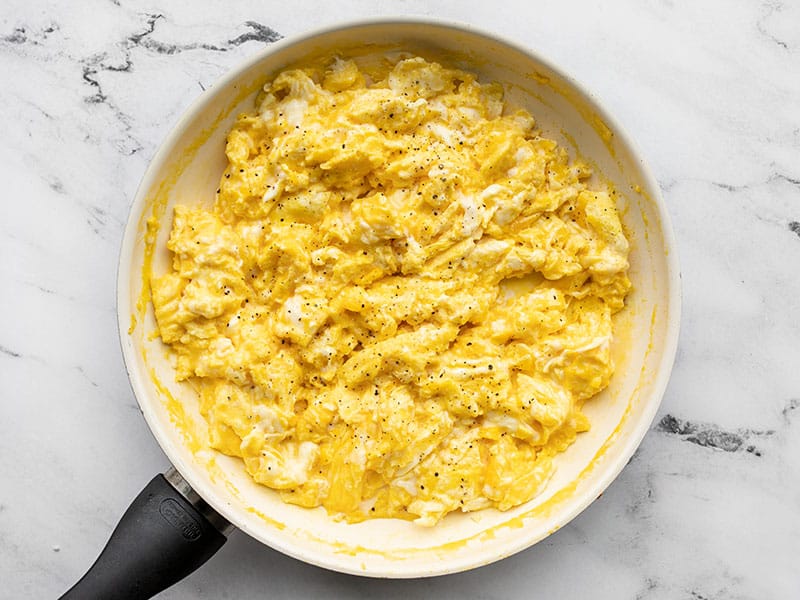 Cooked eggs in the skillet