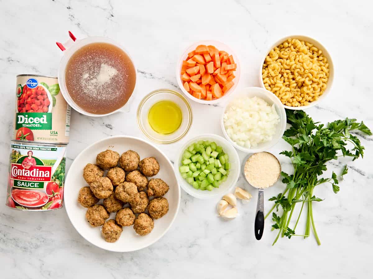 The ingredients for a homemade meatball soup.