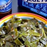 Beer-braised collards displayed on a plate.
