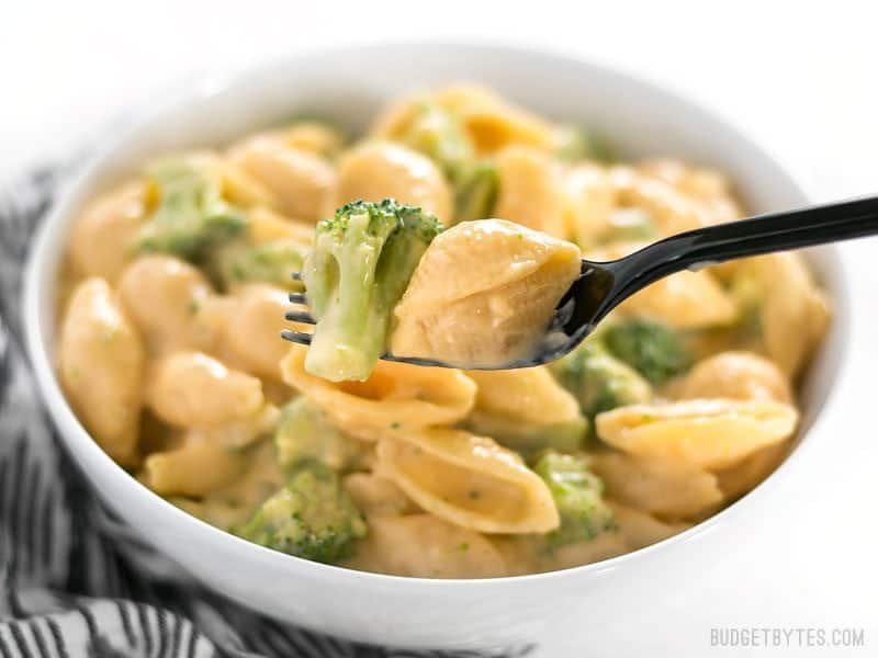 Close up of a forkful of broccoli shells n' cheese