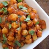 Close-up of chana masala displayed from above.
