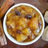 Mango chutney in a small bowl from above.