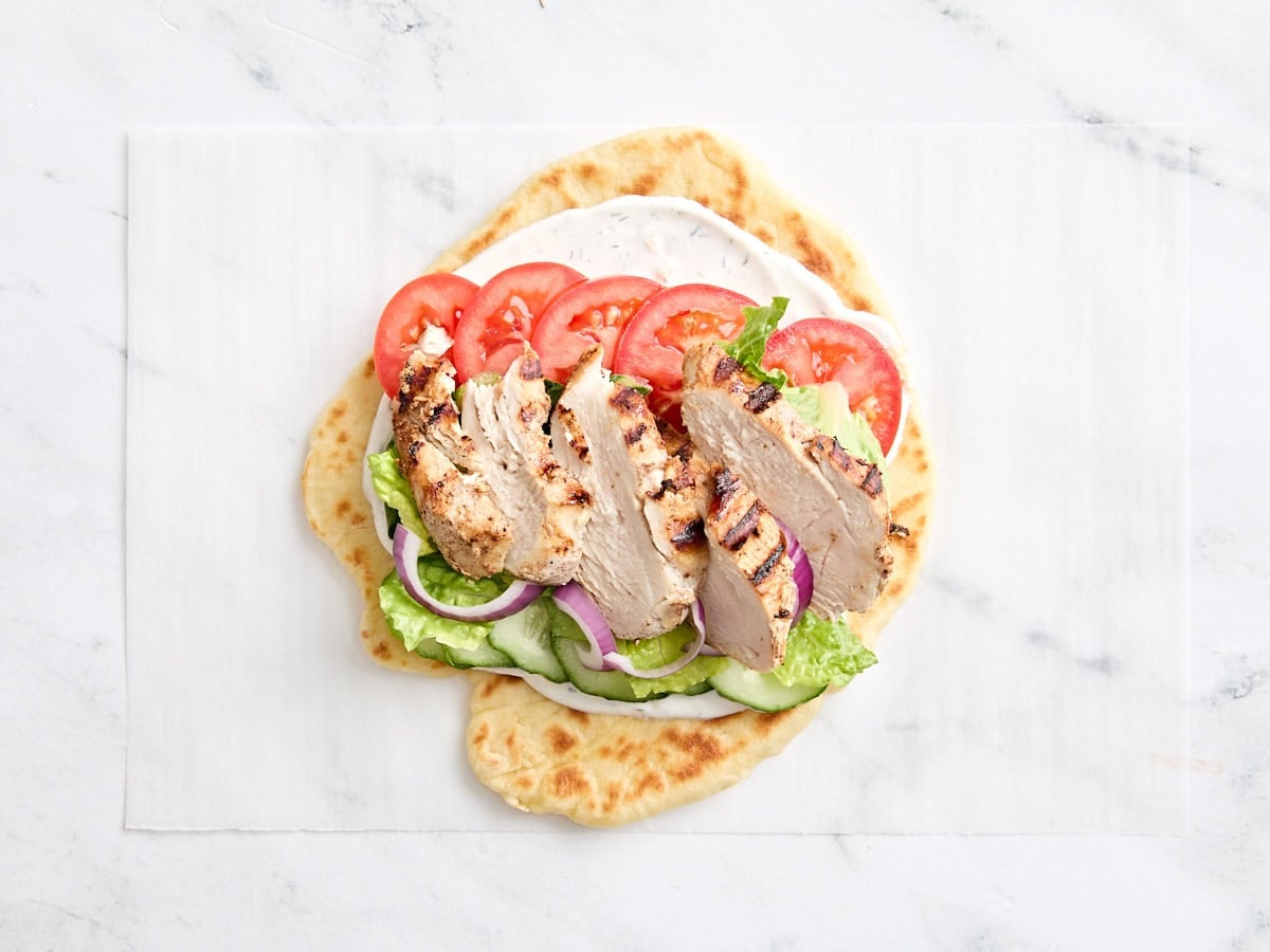 An assembled chicken shawarma wrap.