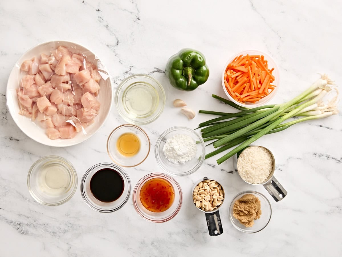 The ingredients to make kung pao chicken.
