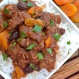 Moroccan beef stew served in a bowl.