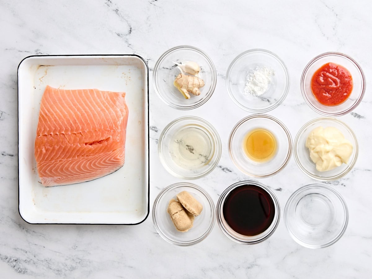 The ingredients to make teriyaki salmon.