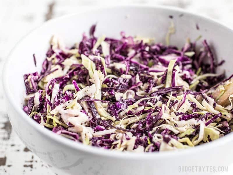 Close up of slaw in white bowl