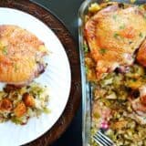 Close-up of turkey stuffing on a plate.