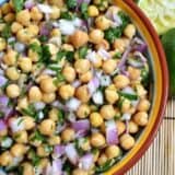 Close-up of cumin lime chickpeas in a bowl.