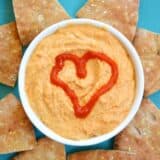 Close-up of sriracha hummus in a bowl.