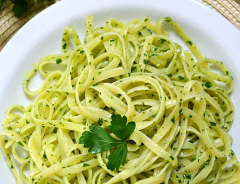 Close up of Parsley Pesto Pasta. 