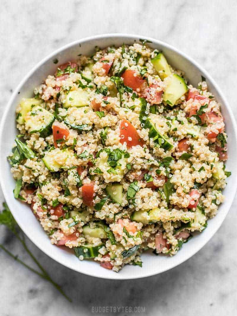 Fresh and vibrantly flavored, this Quinoa Tabbouleh has all the familiar flavors of traditional tabbouleh, but with quinoa instead of bulgur. Budgetbytes.com A big bowl of freshly made Quinoa Tabbouleh on a marble countertop