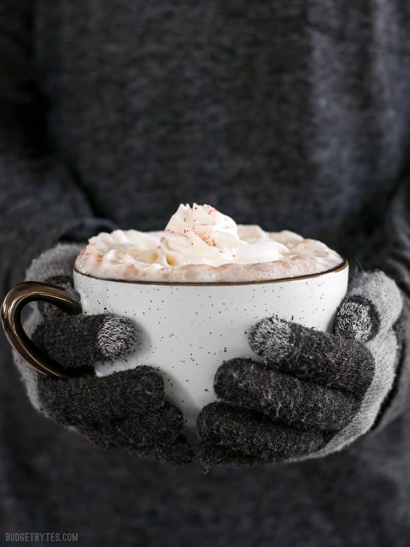 This Aztec cocoa is rich and warm with a slight kick from cayenne pepper and cinnamon to heat you up inside and out, no matter how cold it is outside! BudgetBytes.com front view of a pair of hands with gloves holding a mug full of Spicy Aztec Hot Cocoa with whipped cream