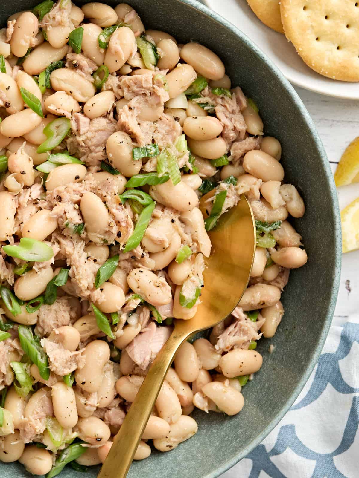 Overhead view of a bowl of tuna and white bean salad with a spoon.