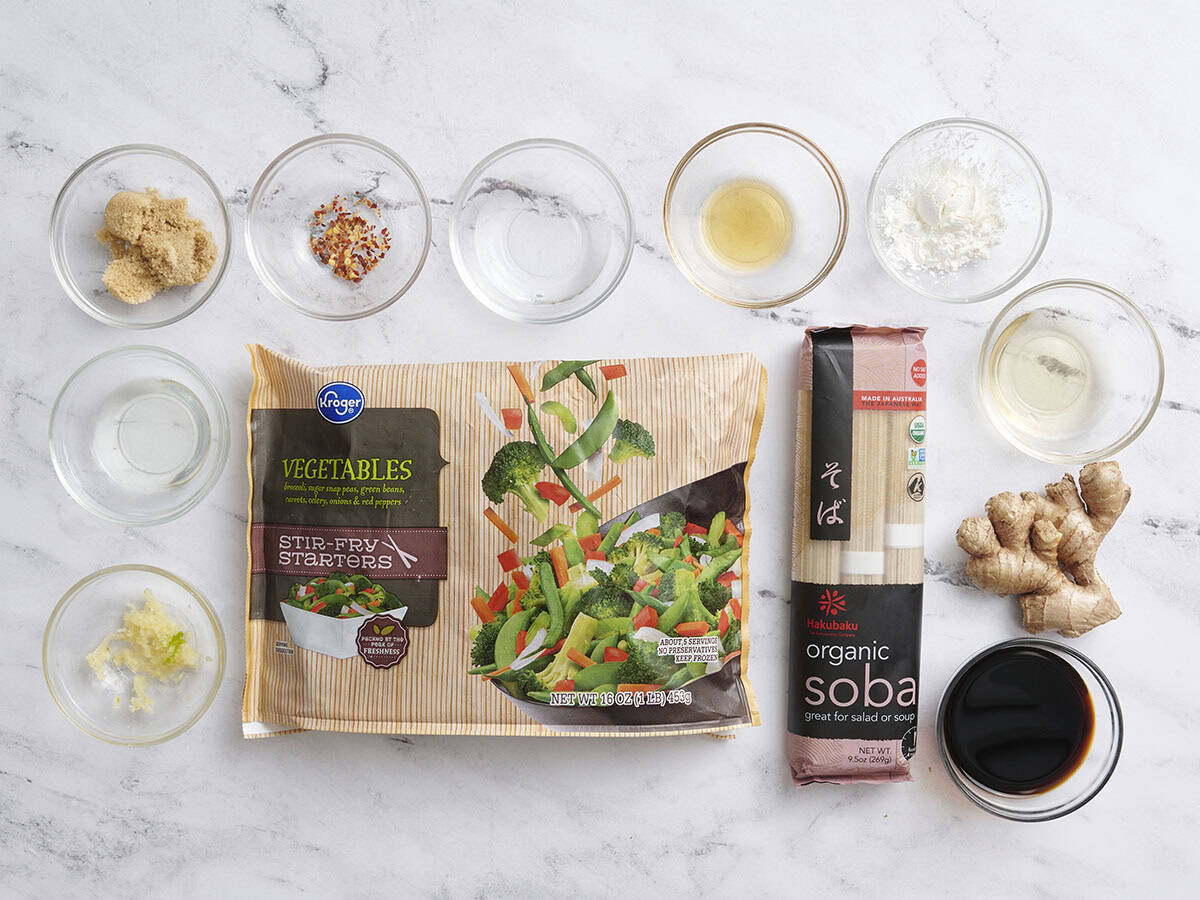 The ingredients to make teriyaki noodle bowls.