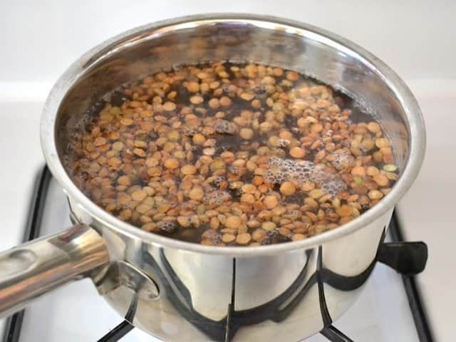 lentils in pot with boiling water