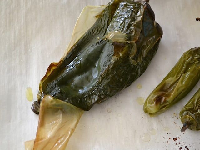 peeling skin off poblano pepper
