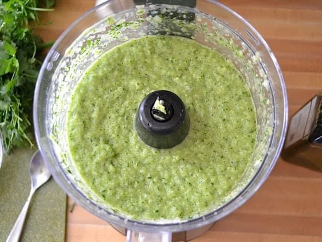 top view pureed soup in food processor