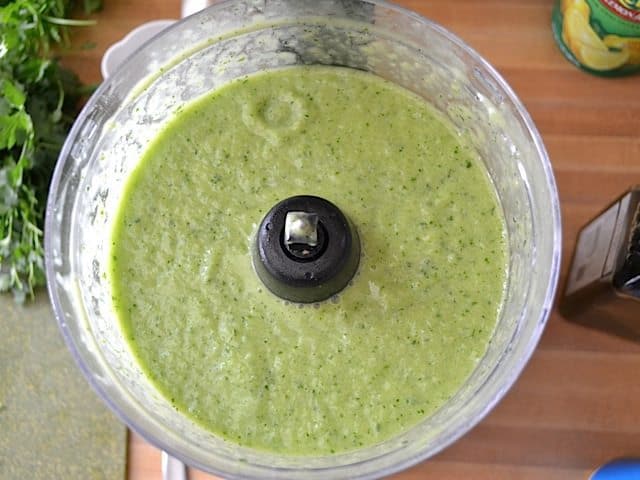 top view of finished green gazpacho in food processor