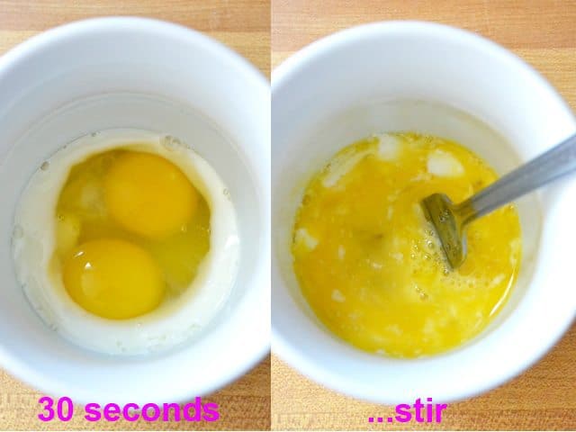 cook eggs for 30 seconds and then take out and stir