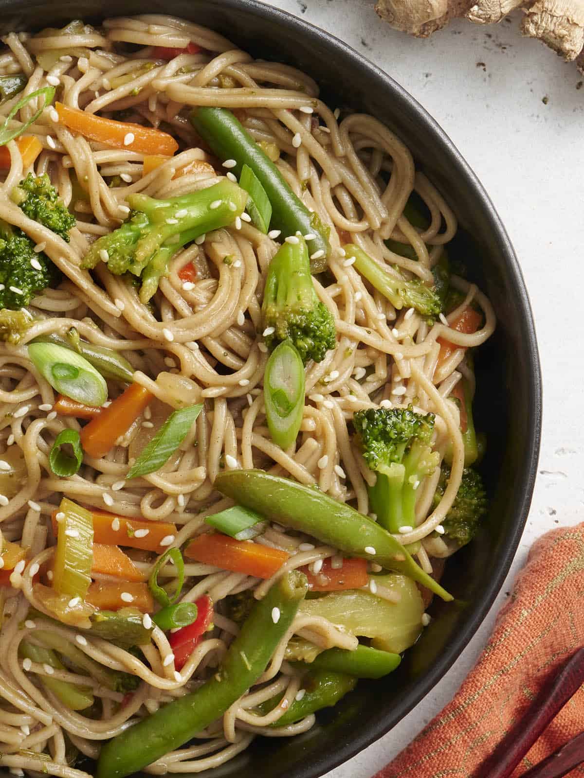 Overhead close up of a teriyaki noodle bowl.