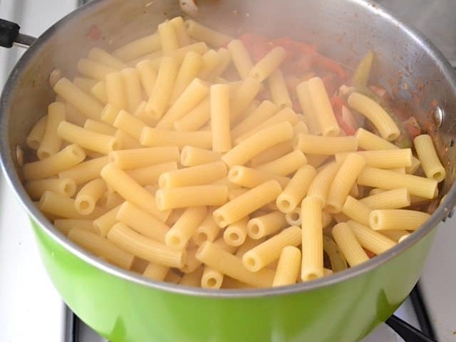 cooked pasta added to pot with all other ingredients