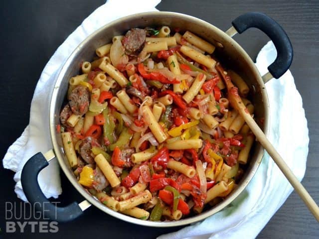 Top view of Sausage & Pepper Pasta in skillet