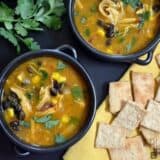 Creamy chicken pumpkin soup in a bowl.
