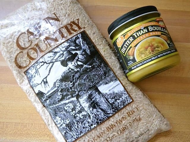 Package of rice and jar of better than bouillon