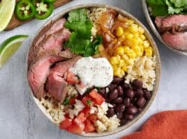 Overhead view of a southwest steak bowl.