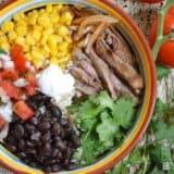 Southwest steak bowl with rice and veggies.