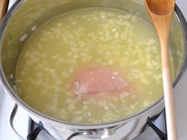 Chicken breast and Broth added to pot with garlic and onions