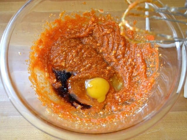 Egg and Vanilla added to wet ingredients in mixing bowl