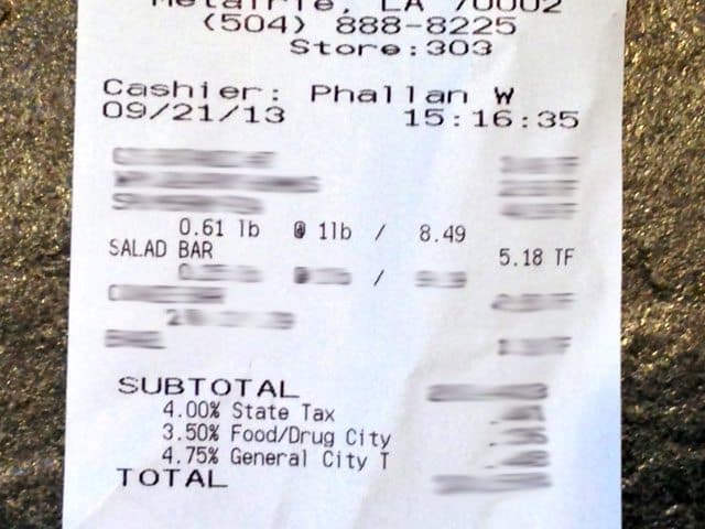 Receipt of what was purchased at salad bar