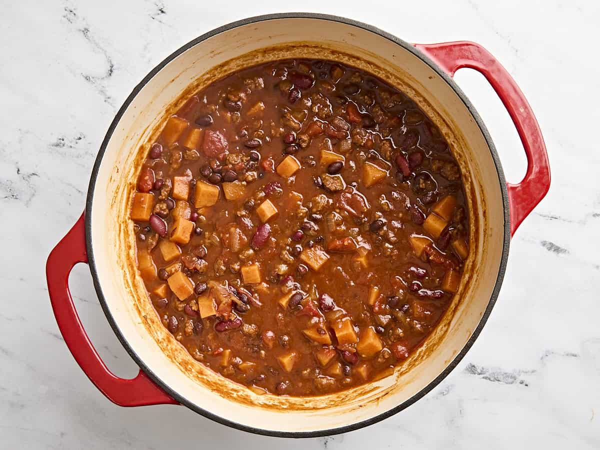 Finished homemade Chorizo sweet potato chilli in a pot.