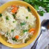 A bowl of chicken and dumplings served with gravy.