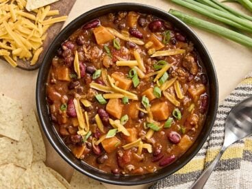 Overhead view of a bowl of chorizo sweet potato chili.