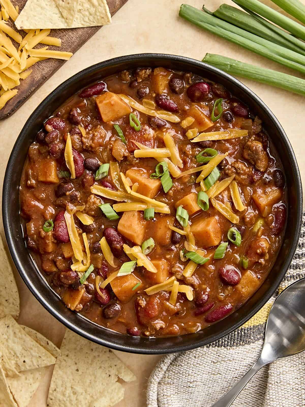 Overhead view of a bowl of chorizo sweet potato chili.