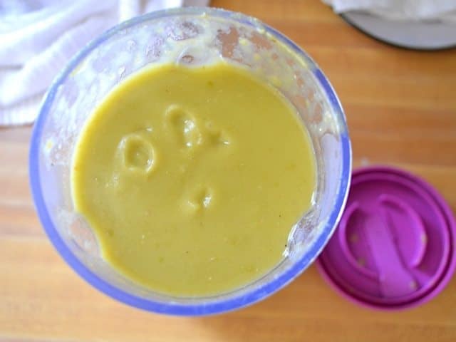 Top view of thickened soup in blender