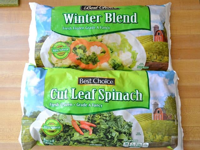 Package of Frozen Vegetables and package of frozen spinach