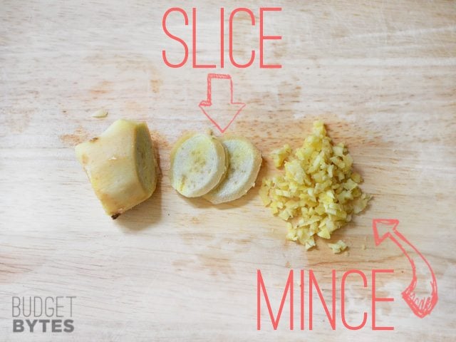 Sliced and minced peeled ginger