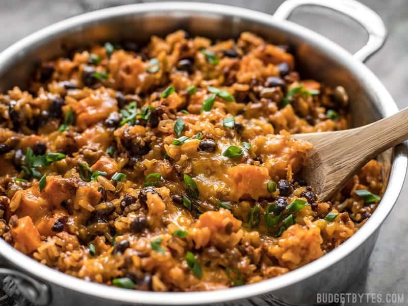 Close up of sweet potato and chorizo skillet