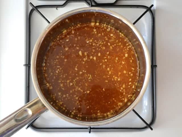 Uncooked Teriyaki Sauce in pan on stove top