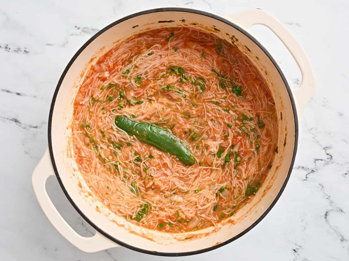 A finished pot of homemade sopa de fideo.
